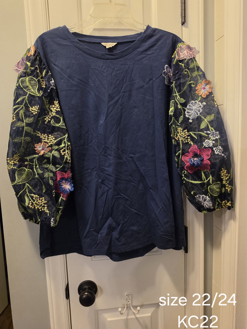 Embroidered Puff-Sleeve Navy Top